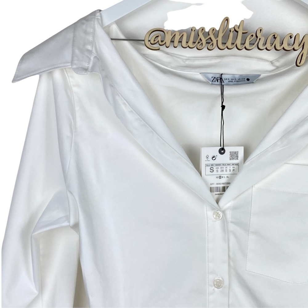 🆕 NWT ZARA Women’s Minimalist Wide Neck Off-Shoulder Collared Button Blouse SM